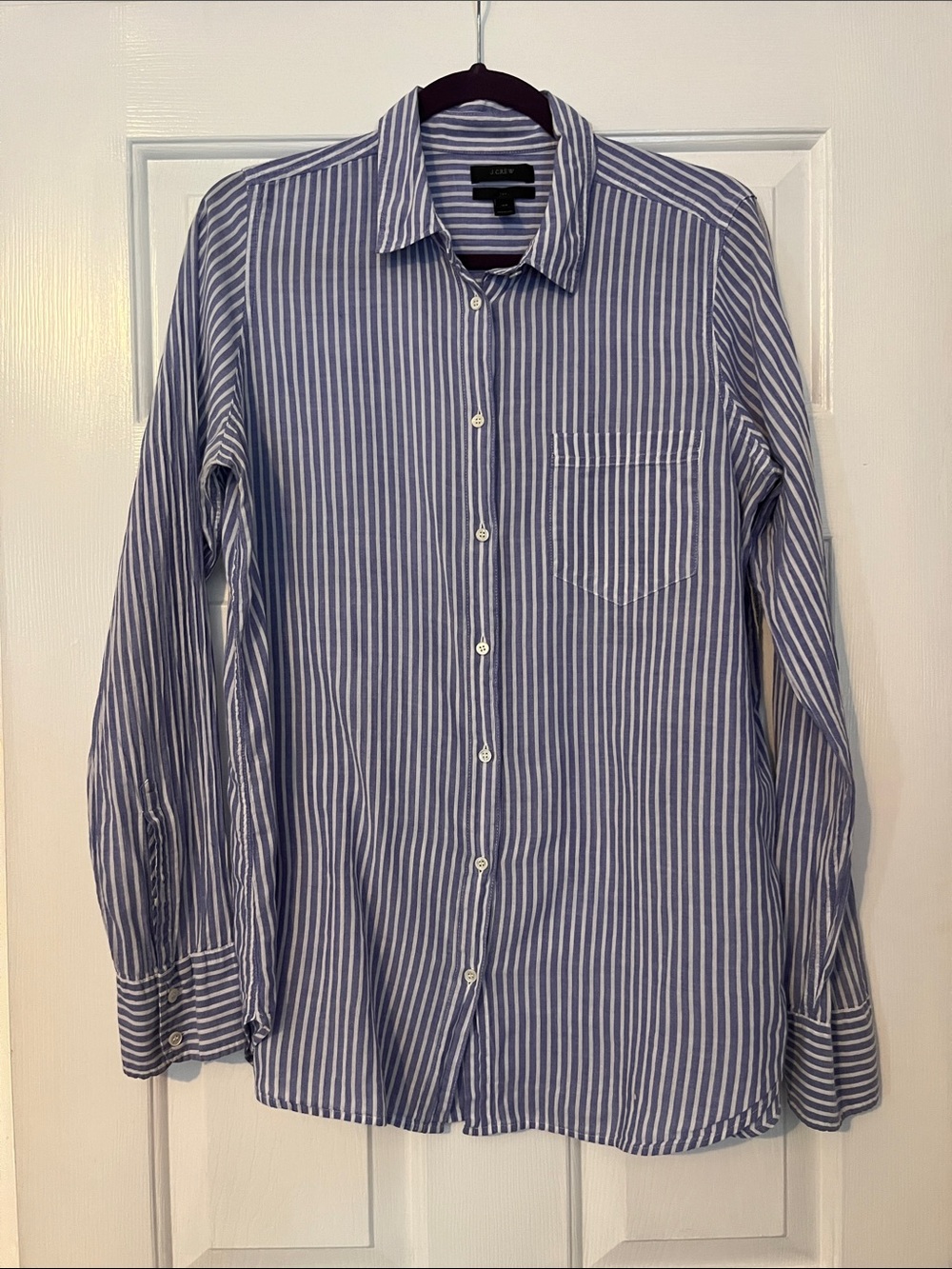 J. Crew Women’s Boy Fit Blue and White Vertical Stripe Button-Down Shirt